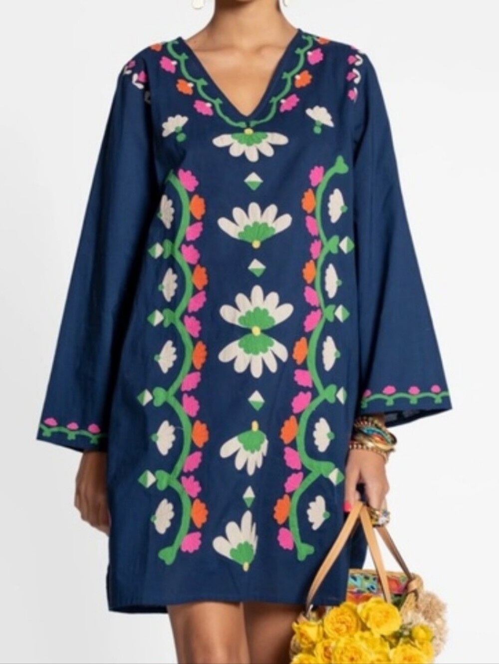 Frances Valentine Goldie Floral Applique Embroidered Navy V-Neck Dress, Size XL